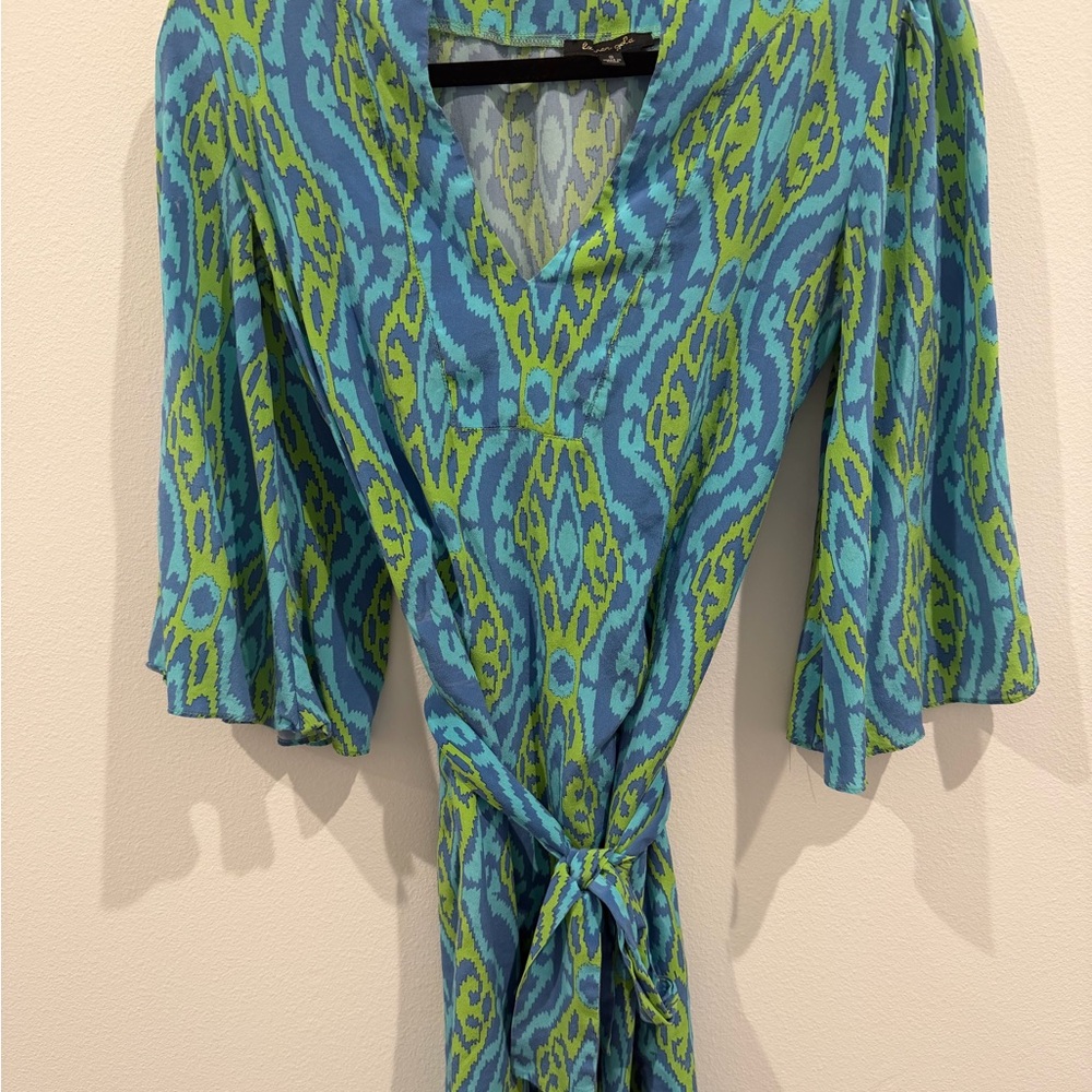 Lauren Gold Vibrant Blue and Green Patterned Dress